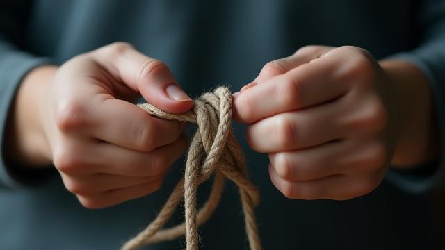 A person untangling complex ropes, metaphorically representing solving debt management issues.